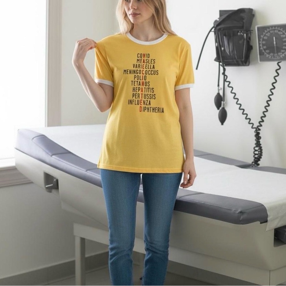 NWOT XL Yellow “Vaccinated” Tee With White Collar. Mislabeled as XXXL